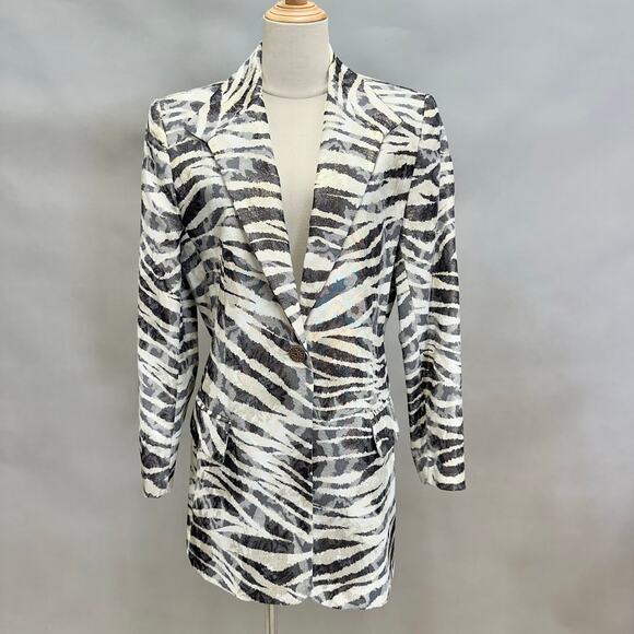 Caché Jacquard Blazer Size 10 Metallic Zebra Floral Print Longline Vintage Y2k - Picture 1 of 16